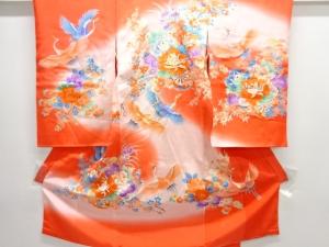 アンティーク　花車に鶴模様刺繍着物